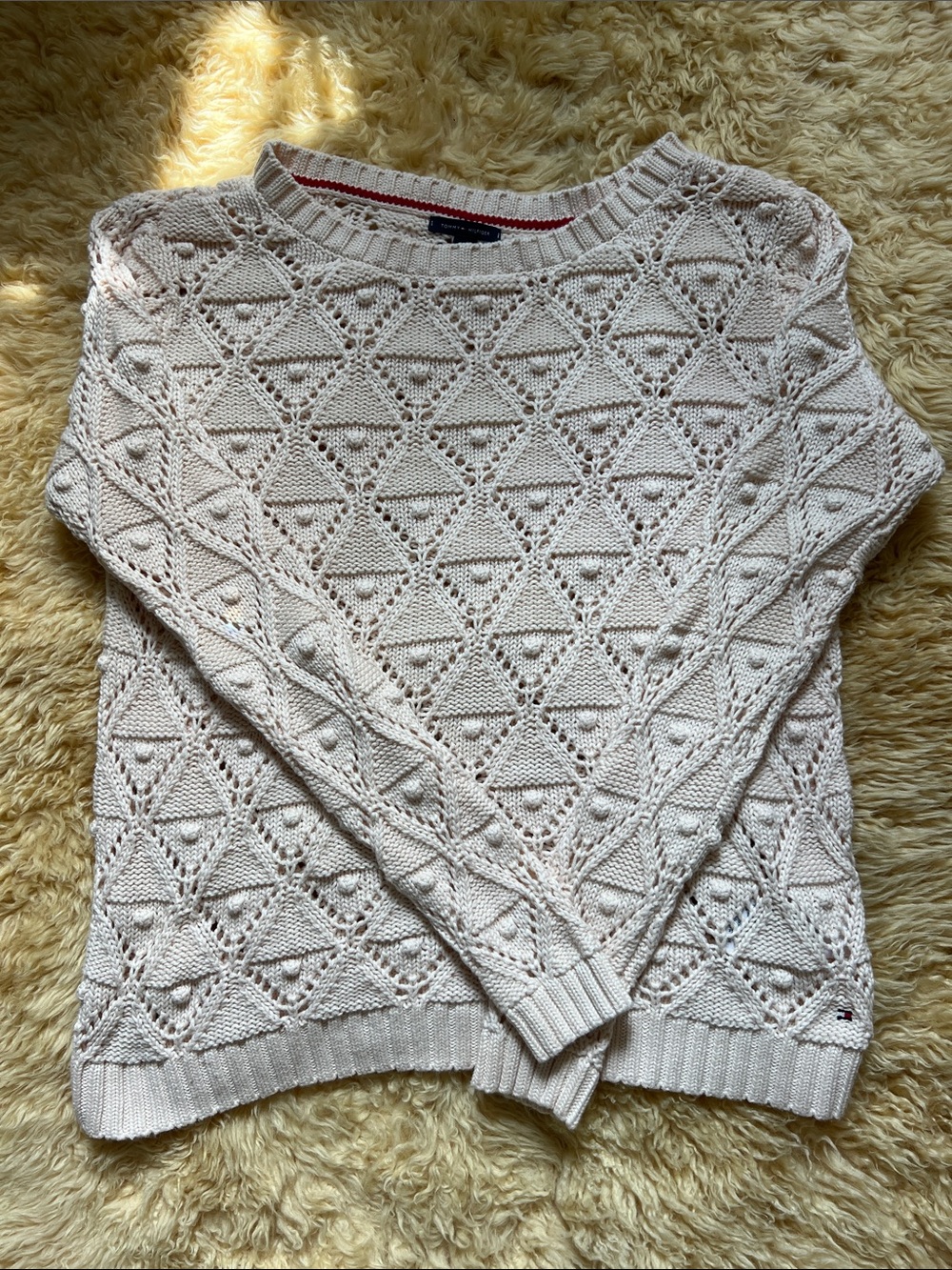 Tommy Hilfiger Open-Knit Crewneck Sweater in Light Cream